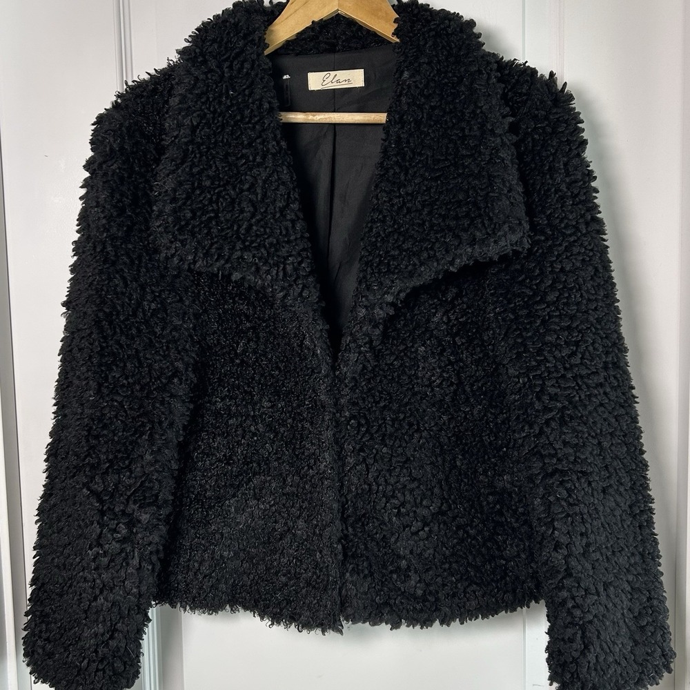 Elan Black Long Sleeve Collared Faux Fur Jacket Mob‎ Wife Downtown Chic Style